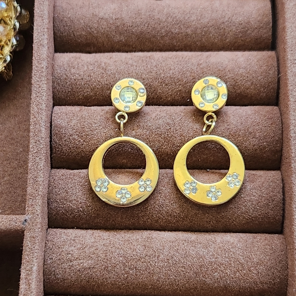 Golden and white rhinestone circle earrings